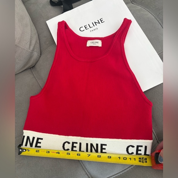 Celine Red Graphic Print Scoop Neck Crop Top Size S Logo Top - Picture 16 of 16